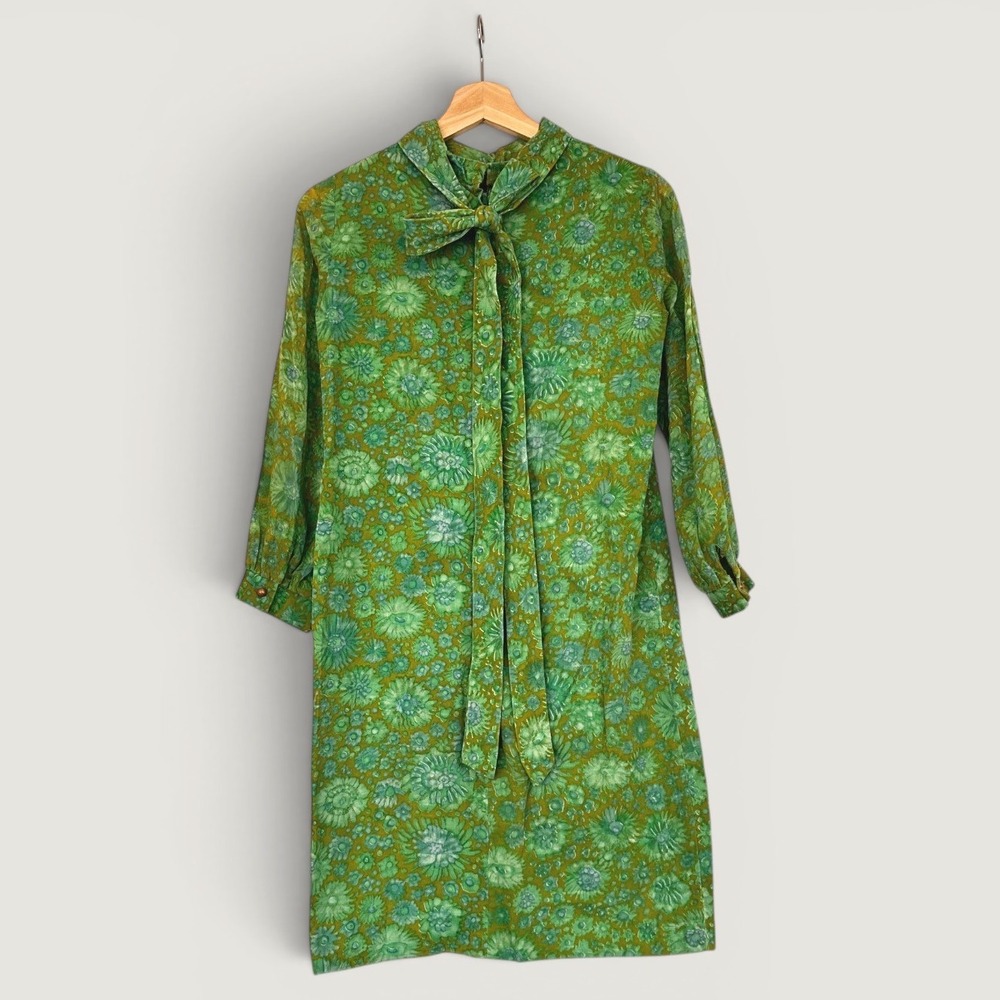 Vintage 1960s Green Floral Dress Small Long Sleeve Mod Boho Retro Pattern - Picture 2 of 5